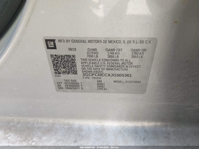 2018 Chevrolet Silverado 1500 VIN 3GCPCRECXJG505361 IAAI salvage auction — NORMAL WEAR, Original (Texas), sold $8,100 on 2026-07-29 (photo 9)
