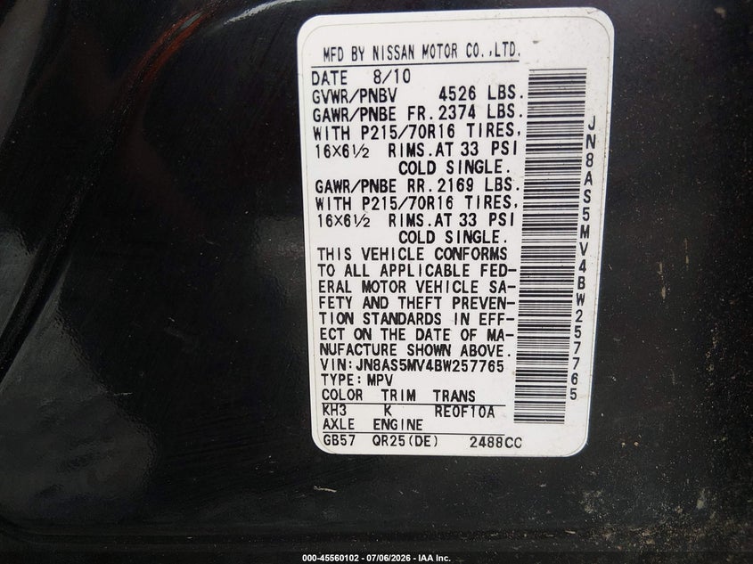 2011 Nissan Rogue sport VIN JN8AS5MV4BW257765 IAAI salvage auction — NORMAL WEAR, Clear (New Hampshire), sold $100 on 2026-07-29 (photo 9)