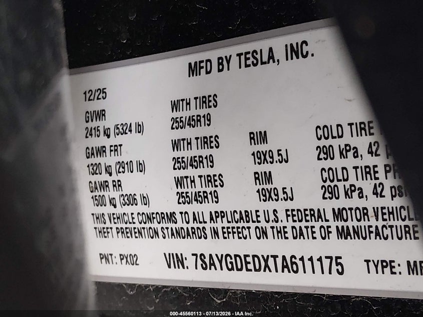 2026 Tesla Model y VIN 7SAYGDEDXTA611175 IAAI salvage auction — FRONT END, Non-Repairable (Texas), sold $5,900 on 2026-09-26 (photo 9)