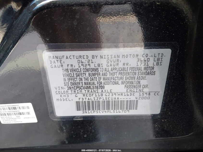 2021 Nissan Kicks VIN 3N1CP5CV4ML516709 IAAI salvage auction — FRONT END, Original (Texas), sold $1,850 on 2026-08-22 (photo 9)