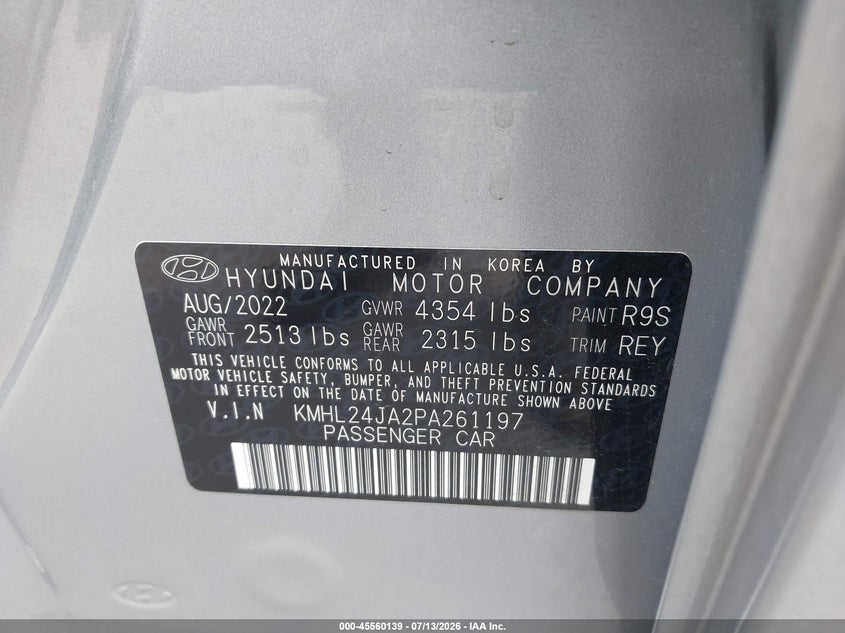 2023 Hyundai Sonata VIN KMHL24JA2PA261197 IAAI salvage auction — VANDALISM, Salvage (California), sold $2,950 on 2026-07-29 (photo 9)