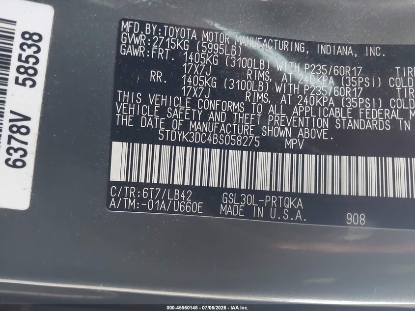 2011 Toyota Sienna VIN 5TDYK3DC4BS058275 IAAI salvage auction — NORMAL WEAR, Clear (Pennsylvania), sold $3,000 on 2026-07-24 (photo 9)