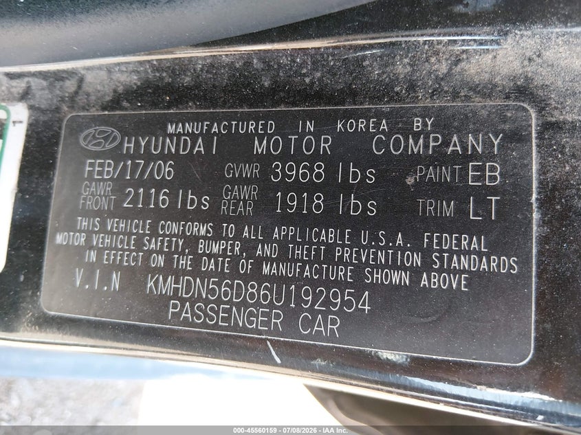 2006 Hyundai Elantra VIN KMHDN56D86U192954 IAAI salvage auction — FRONT END, Salvage (Arizona), sold $200 on 2026-07-30 (photo 9)