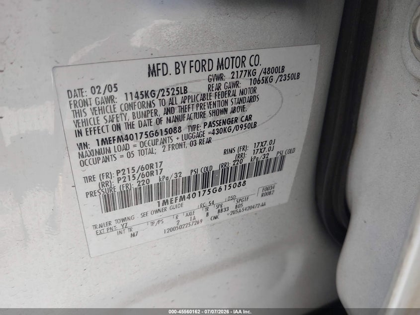 2005 Mercury Montego VIN 1MEFM40175G615088 IAAI salvage auction — NORMAL WEAR, Clear - Dealer Only (California), sold $200 on 2026-07-30 (photo 9)
