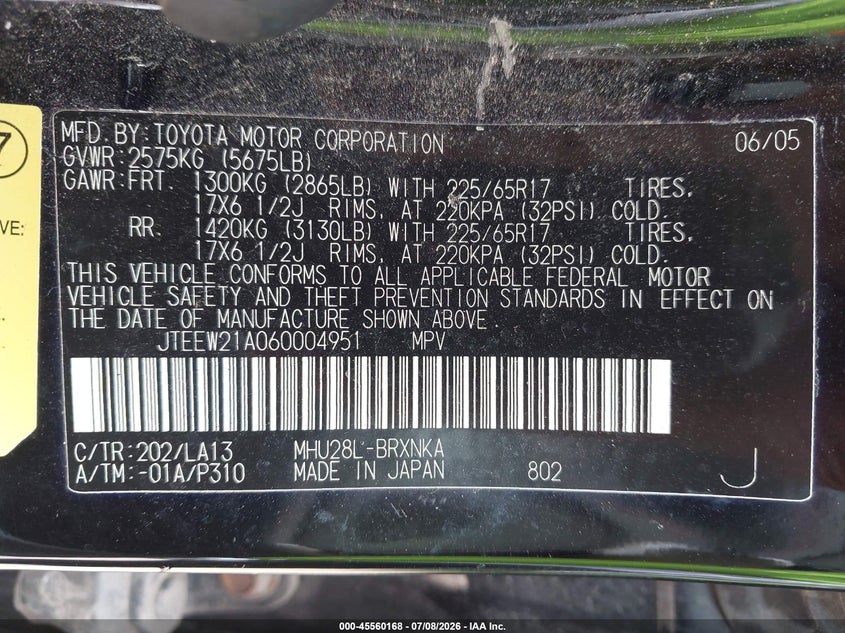2006 Toyota Highlander VIN JTEEW21A060004951 IAAI salvage auction — NORMAL WEAR, Clear-Endorsement (Wisconsin), sold $250 on 2026-07-29 (photo 9)