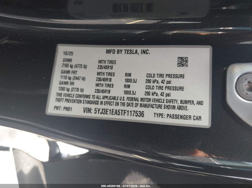 2026 Tesla Model 3 VIN 5YJ3E1EA5TF117536 IAAI salvage auction — LEFT FRONT, Certificate Of Destruction (Florida), sold $12,000 on 2026-08-02 (photo 9)