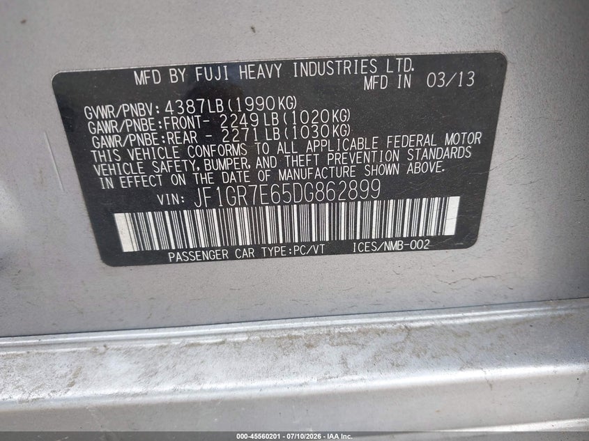 2013 Subaru Impreza wrx VIN JF1GR7E65DG862899 IAAI salvage auction — FRONT END, Salvage Title, sold $25 on 2026-07-28 (photo 9)