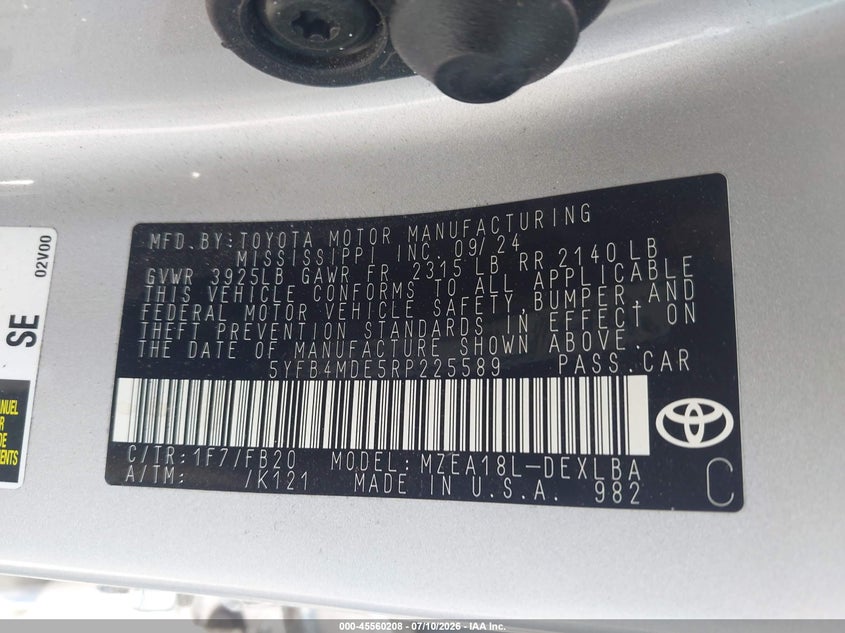 2024 Toyota Corolla VIN 5YFB4MDE5RP225589 IAAI salvage auction — FRONT END, Salvage Title, sold $6,575 on 2026-07-29 (photo 9)