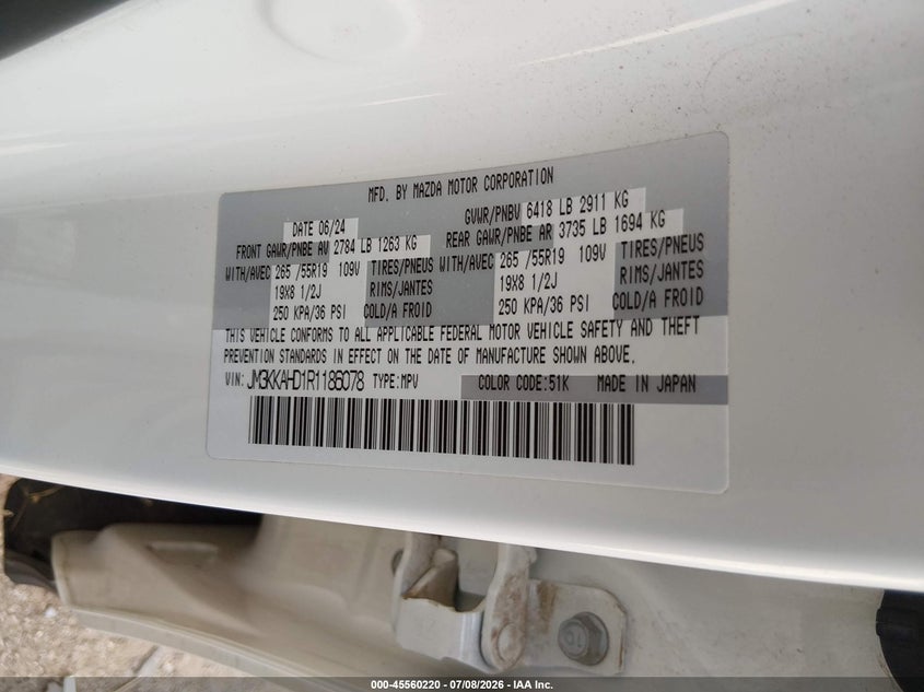 2024 Mazda Cx-90 VIN JM3KKAHD1R1186078 IAAI salvage auction — REAR END, Salvage (Arizona), sold $10,900 on 2026-07-30 (photo 9)