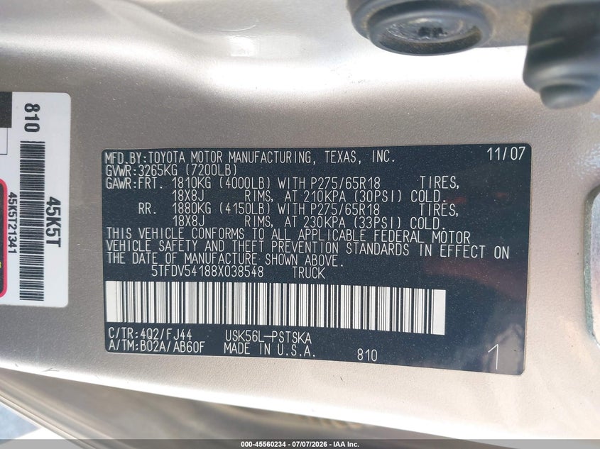 2008 Toyota Tundra VIN 5TFDV54188X038548 IAAI salvage auction — LEFT SIDE, Salvage (California), sold $5,700 on 2026-07-28 (photo 9)