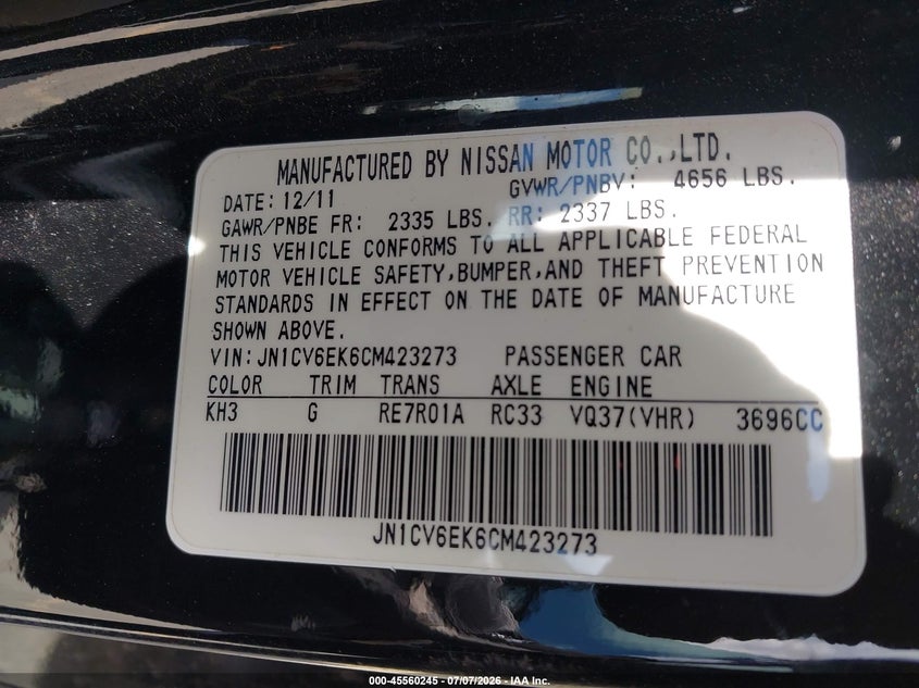 2012 Infiniti G VIN JN1CV6EK6CM423273 IAAI salvage auction — RIGHT FRONT, Wait Title, sold $5,150 on 2026-09-21 (photo 9)