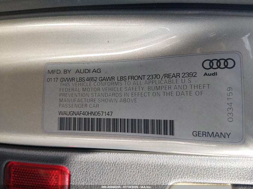 2017 Audi A4 VIN WAUGNAF40HN057147 IAAI salvage auction — WATER/FLOOD, Salvage Title, sold $2,500 on 2026-07-24 (photo 9)
