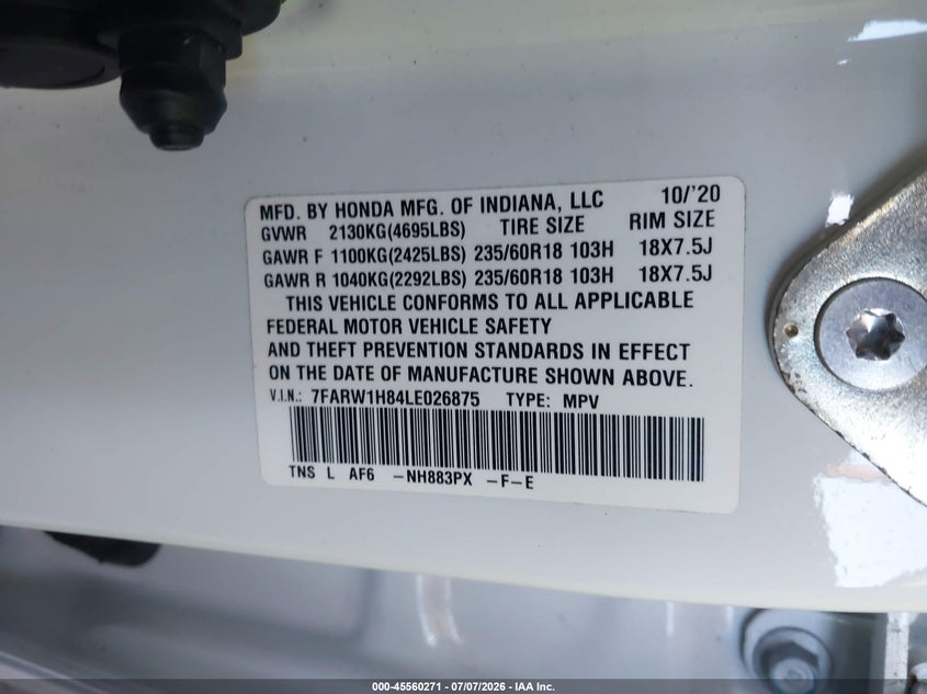 2020 Honda Cr-v VIN 7FARW1H84LE026875 IAAI salvage auction — REAR END, Rebuildable (Florida), sold $11,200 on 2026-07-29 (photo 9)