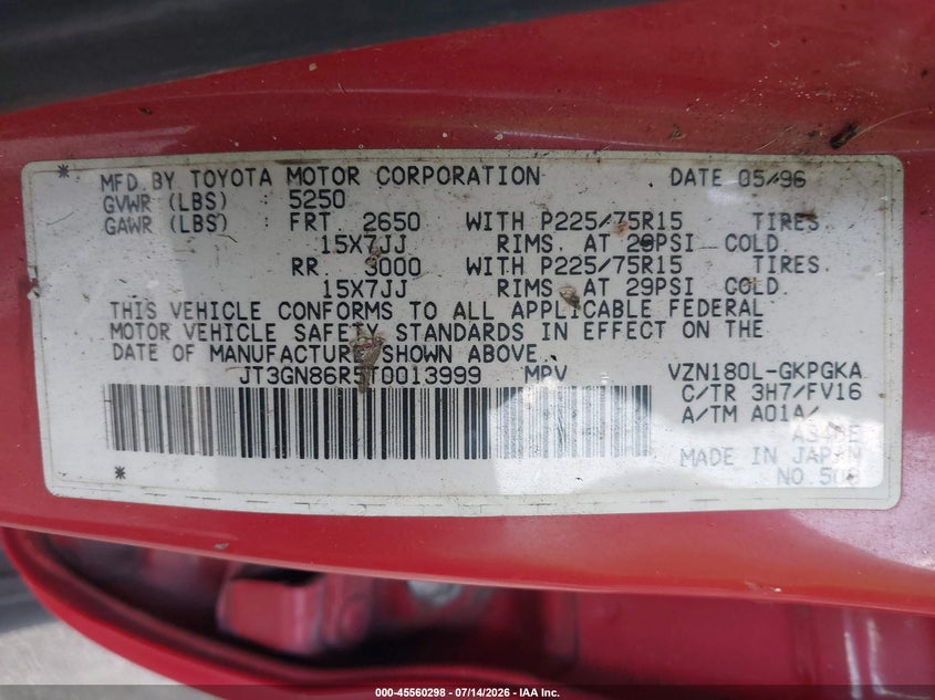 1996 Toyota 4runner VIN JT3GN86R5T0013999 IAAI salvage auction — NORMAL WEAR, Clear (Florida), sold $25 on 2026-07-15 (photo 9)