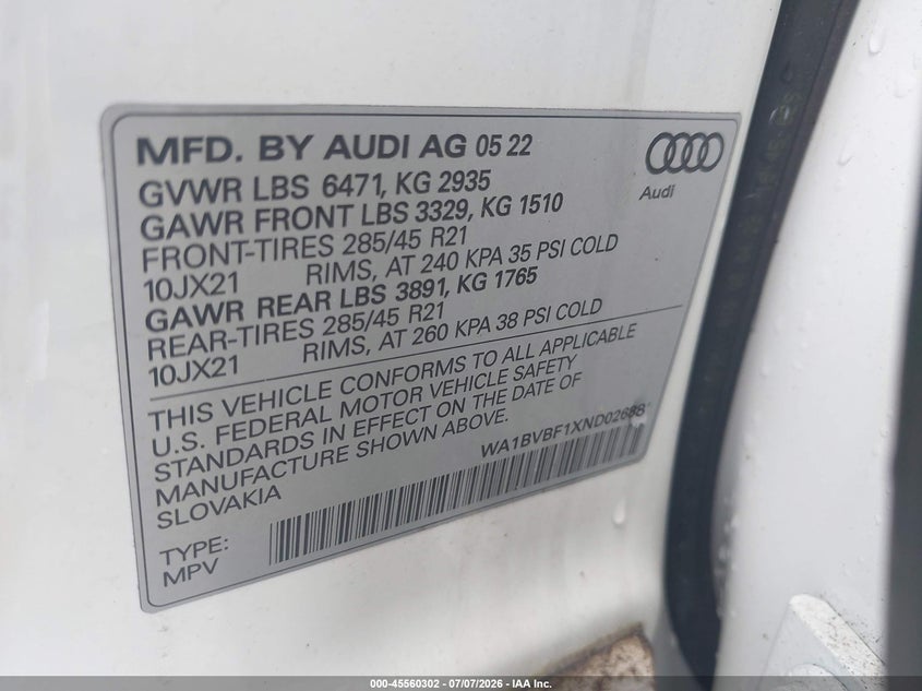 2022 Audi Q8 VIN WA1BVBF1XND026881 IAAI salvage auction — REAR END, Mv-907A (New York), sold $20,700 on 2026-07-28 (photo 9)