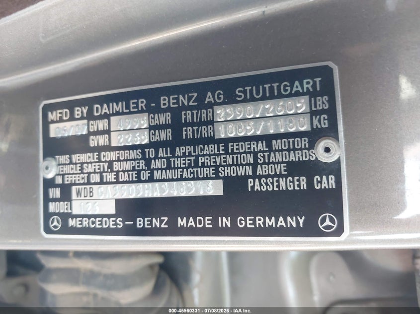 1987 Mercedes-benz 560 VIN WDBCA39D3HA348316 IAAI salvage auction — ALL OVER, Original (Texas), sold $125 on 2026-07-29 (photo 9)