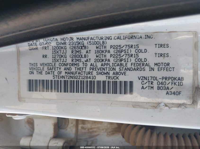 2002 Toyota Tacoma VIN 5TEHN72N92Z128410 IAAI salvage auction — FRONT END, Salvage (California), sold $3,500 on 2026-07-22 (photo 9)