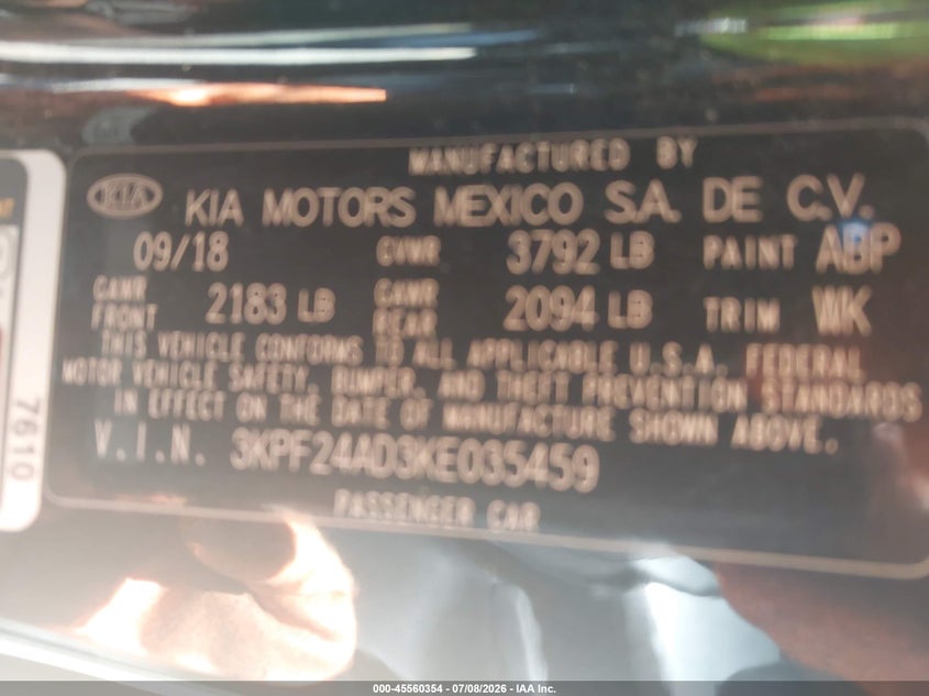 2019 Kia Forte VIN 3KPF24AD3KE035459 IAAI salvage auction — FRONT & REAR, Salvage Title, sold $2,700 on 2026-08-01 (photo 9)