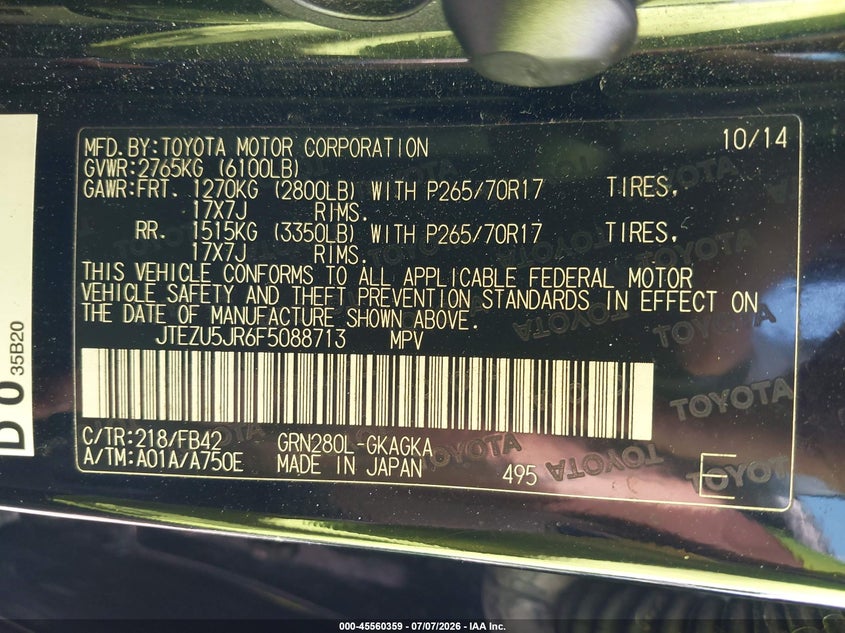 2015 Toyota 4runner VIN JTEZU5JR6F5088713 IAAI salvage auction — ROLLOVER, Rebuildable (Florida), sold $275 on 2026-07-23 (photo 9)