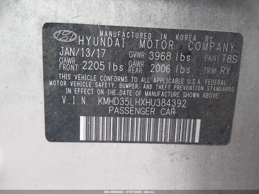 2017 Hyundai Elantra VIN KMHD35LHXHU384392 IAAI salvage auction — NORMAL WEAR, Clear (Maryland), sold $750 on 2026-07-29 (photo 9)