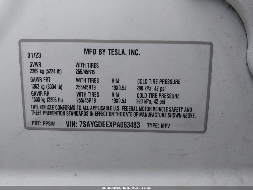 2023 Tesla Model y VIN 7SAYGDEEXPA063483 IAAI salvage auction — REAR END, Salvage - 75% Or Less (Maryland), sold $5,700 on 2026-07-29 (photo 9)