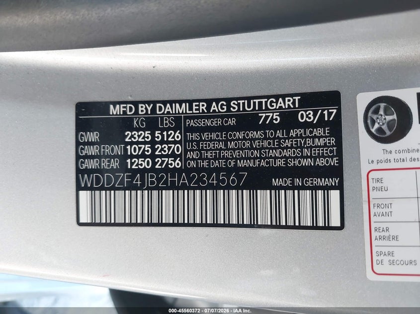 2017 Mercedes-benz E-klasse VIN WDDZF4JB2HA234567 IAAI salvage auction — FRONT END, Salvage (California), sold $4,000 on 2026-07-22 (photo 9)