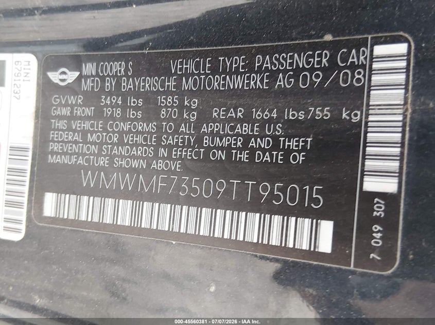 2009 Mini Cooper VIN WMWMF73509TT95015 IAAI salvage auction — ENGINE BURN, Bill Of Sale (Washington), sold $50 on 2026-08-05 (photo 9)