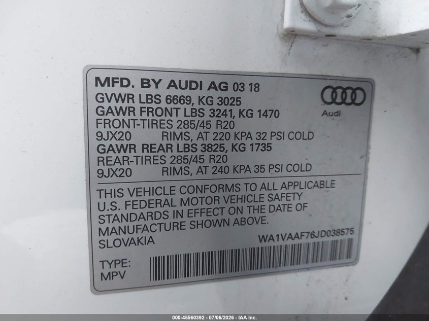 2018 Audi Q7 VIN WA1VAAF76JD038575 IAAI salvage auction — FRONT END, Salvage (Virginia), sold $25 on 2026-08-01 (photo 9)