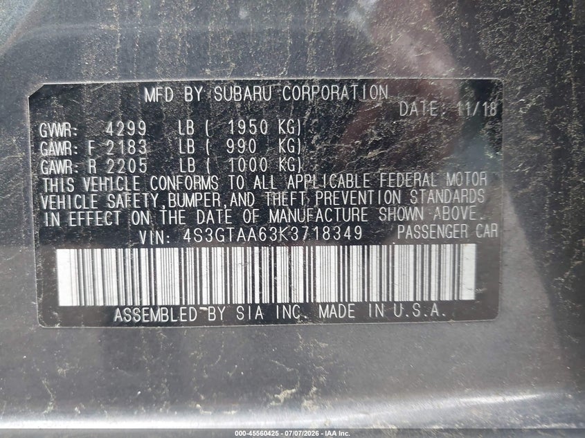 2019 Subaru Impreza VIN 4S3GTAA63K3718349 IAAI salvage auction — FRONT & REAR, Salvage (New Jersey), sold $75 on 2026-09-10 (photo 9)