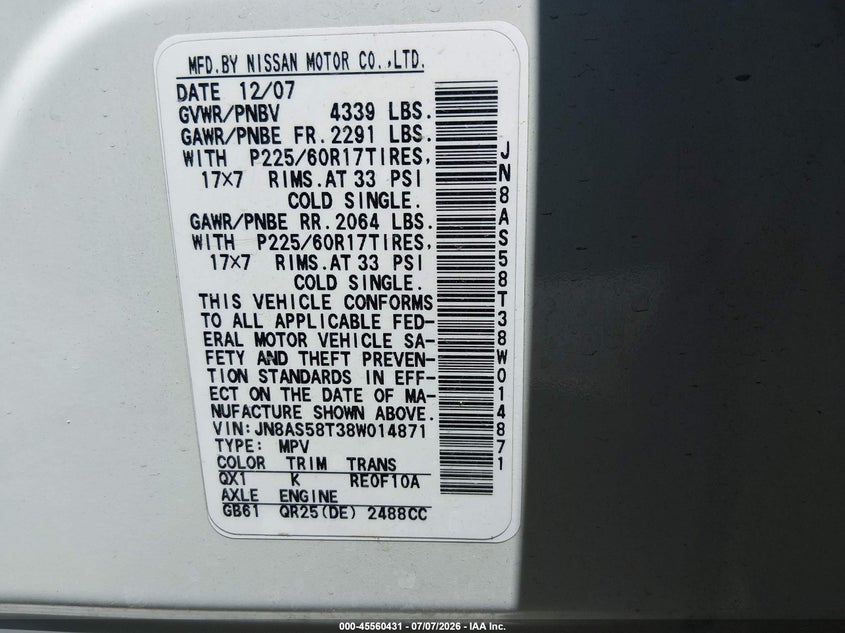 2008 Nissan Rogue VIN JN8AS58T38W014871 IAAI salvage auction — REAR END, Salvage (Nevada), sold $500 on 2026-07-24 (photo 9)