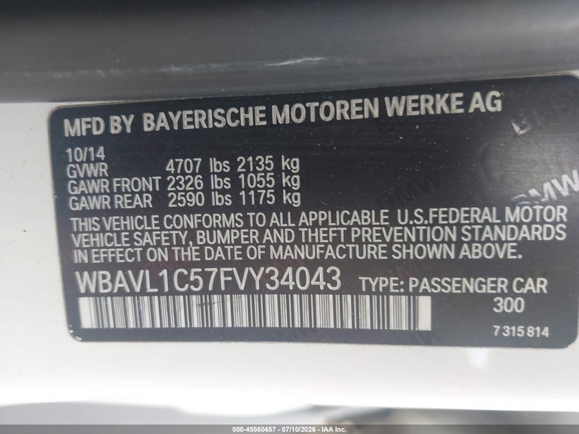 2015 BMW X1 VIN WBAVL1C57FVY34043 IAAI salvage auction — ELECTRICAL, Mv-907A (New York), sold $500 on 2026-07-28 (photo 9)