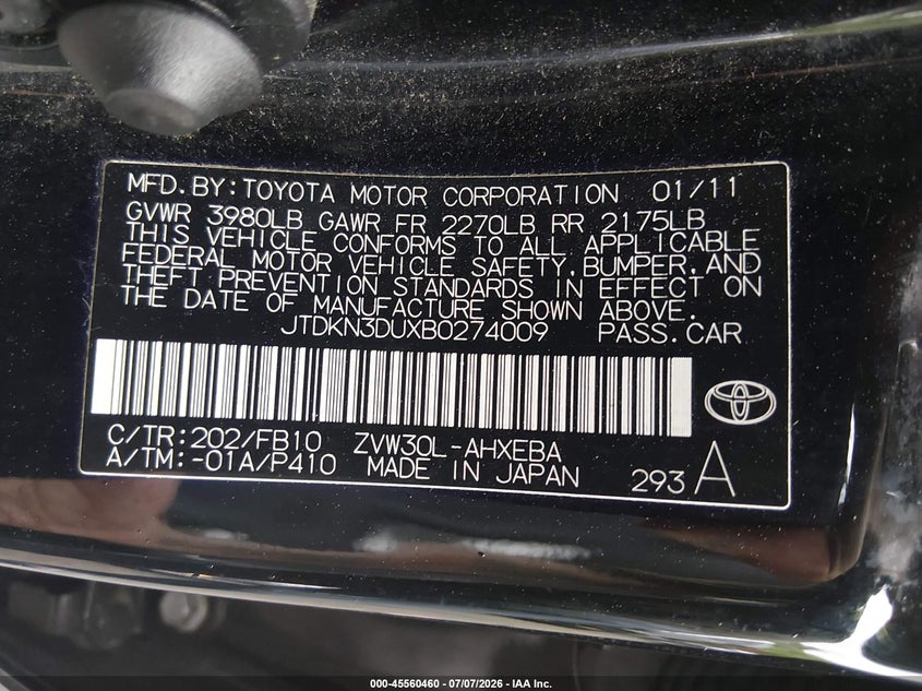 2011 Toyota Prius VIN JTDKN3DUXB0274009 IAAI salvage auction — NORMAL WEAR, Clear (Rhode Island), sold $2,050 on 2026-07-14 (photo 9)
