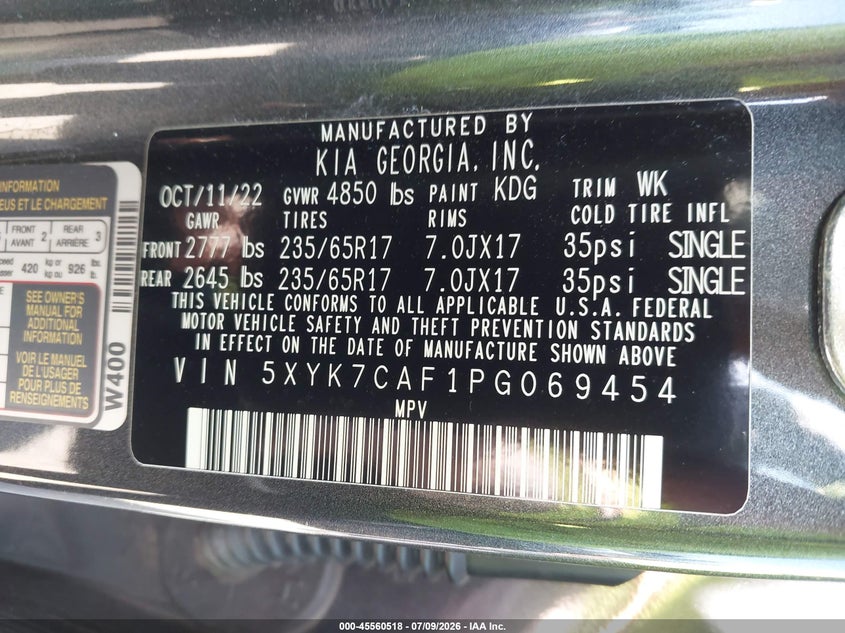 2023 Kia Sportage VIN 5XYK7CAF1PG069454 IAAI salvage auction — REAR END, Bill Of Sale (Washington), sold $9,550 on 2026-07-22 (photo 9)