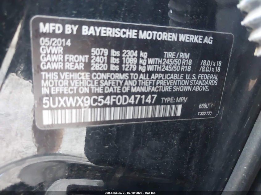 2015 BMW X3 VIN 5UXWX9C54F0D47147 IAAI salvage auction — FRONT END, Mv-907A (New York), sold $25 on 2026-07-21 (photo 9)
