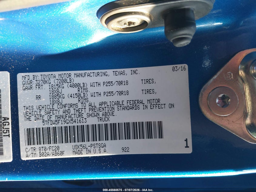 2016 Toyota Tundra VIN 5TFDW5F19GX541613 IAAI salvage auction — SIDE, Salvage (Texas), sold $8,500 on 2026-07-29 (photo 9)