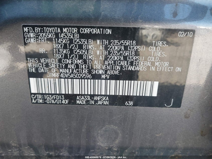 2010 Toyota Rav4 VIN JTMRF4DV5A5029596 IAAI salvage auction — NORMAL WEAR, Clear (New York), sold $1,050 on 2026-07-16 (photo 9)