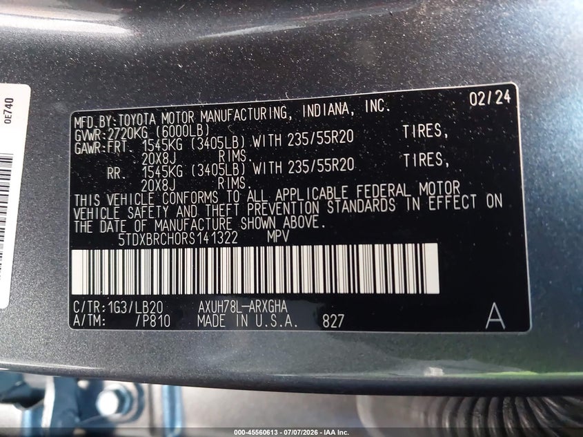 2024 Toyota Highlander VIN 5TDXBRCH0RS141322 IAAI salvage auction — LEFT SIDE, Salvage (California), sold $23,200 on 2026-07-29 (photo 9)