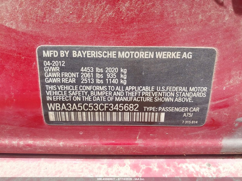 2012 BMW 3er VIN WBA3A5C53CF345682 IAAI salvage auction — NORMAL WEAR, Salvage Title, sold $850 on 2026-07-30 (photo 9)