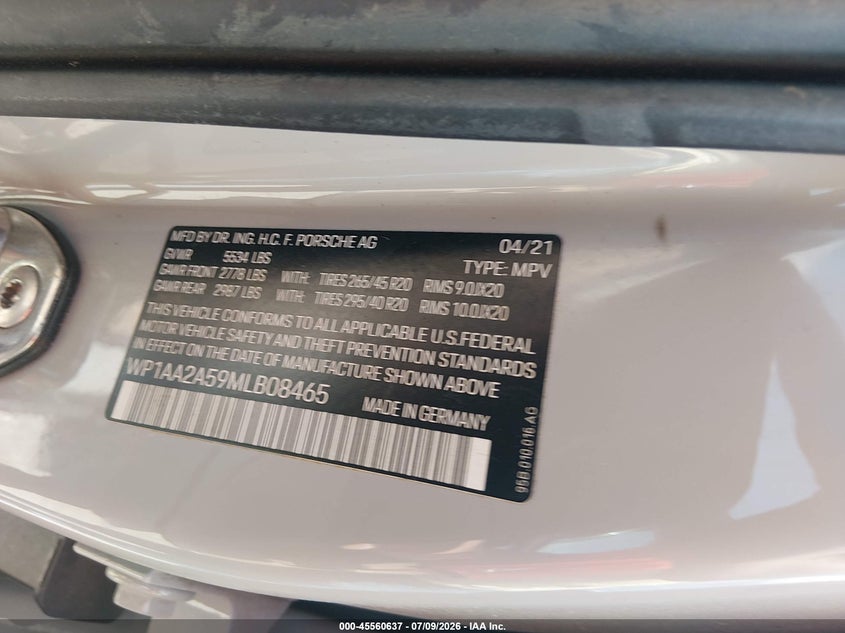 2021 Porsche Macan VIN WP1AA2A59MLB08465 IAAI salvage auction — FRONT END, Salvage Title, sold $22,800 on 2026-08-06 (photo 9)