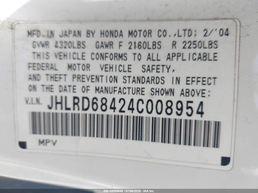 2004 Honda Cr-v VIN JHLRD68424C008954 IAAI salvage auction — UNDERCARRIAGE, Salvage (California), sold $25 on 2026-07-28 (photo 9)