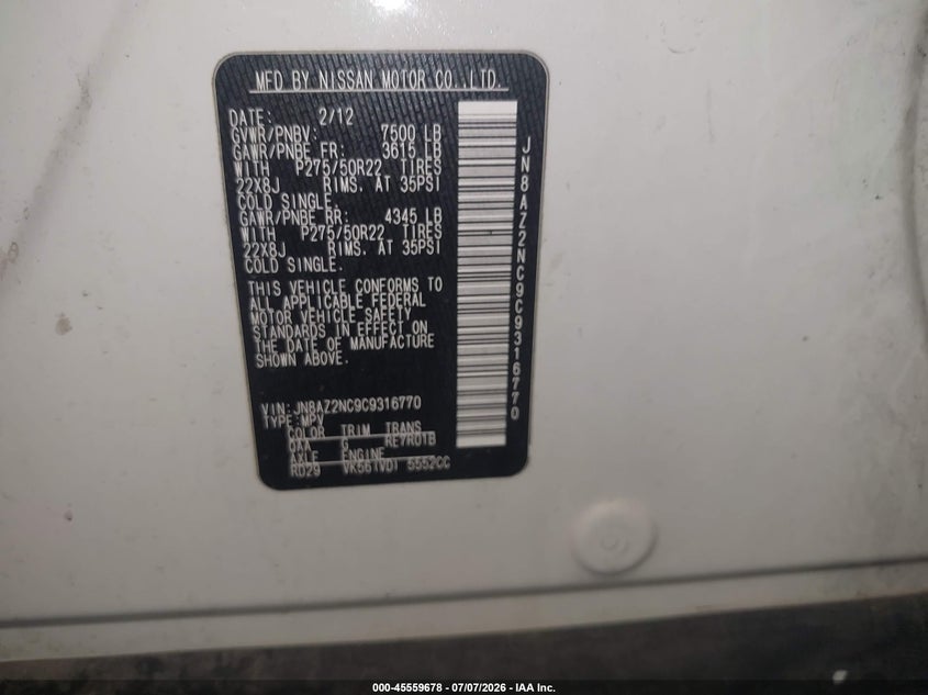 2012 Infiniti Qx56 VIN JN8AZ2NC9C9316770 IAAI salvage auction — LEFT SIDE, Salvage (Arizona), sold $1,500 on 2026-07-28 (photo 9)