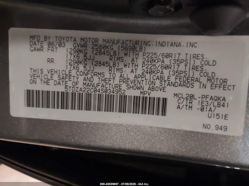 2004 Toyota Sienna VIN 5TDZA22C04S034952 IAAI salvage auction — NORMAL WEAR, Clear (Minnesota), sold $400 on 2026-07-22 (photo 9)