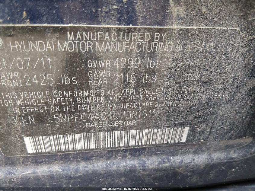 2012 Hyundai Sonata VIN 5NPEC4AC4CH391612 IAAI salvage auction — FRONT END, Clear (Virginia), sold $750 on 2026-07-23 (photo 9)