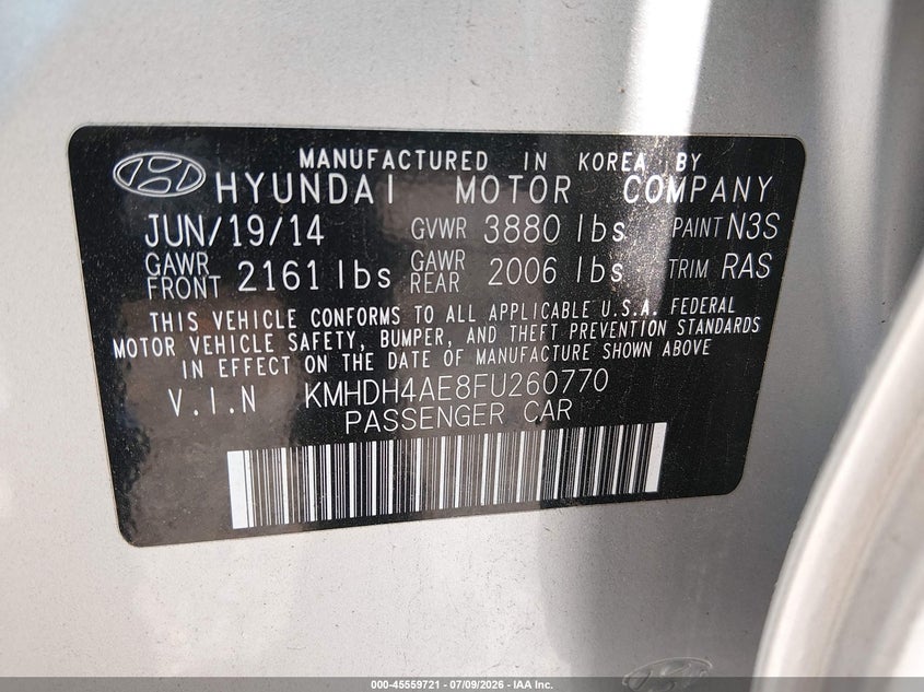 2015 Hyundai Elantra VIN KMHDH4AE8FU260770 IAAI salvage auction — THEFT, Salvage - Greater Than 75% (Maryland), sold $1,600 on 2026-07-29 (photo 9)
