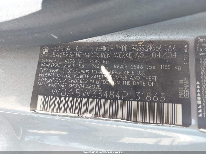 2004 BMW 3 series VIN WBABW33484PL31863 IAAI salvage auction — REAR END, Salvage (California), sold $475 on 2026-07-22 (photo 9)
