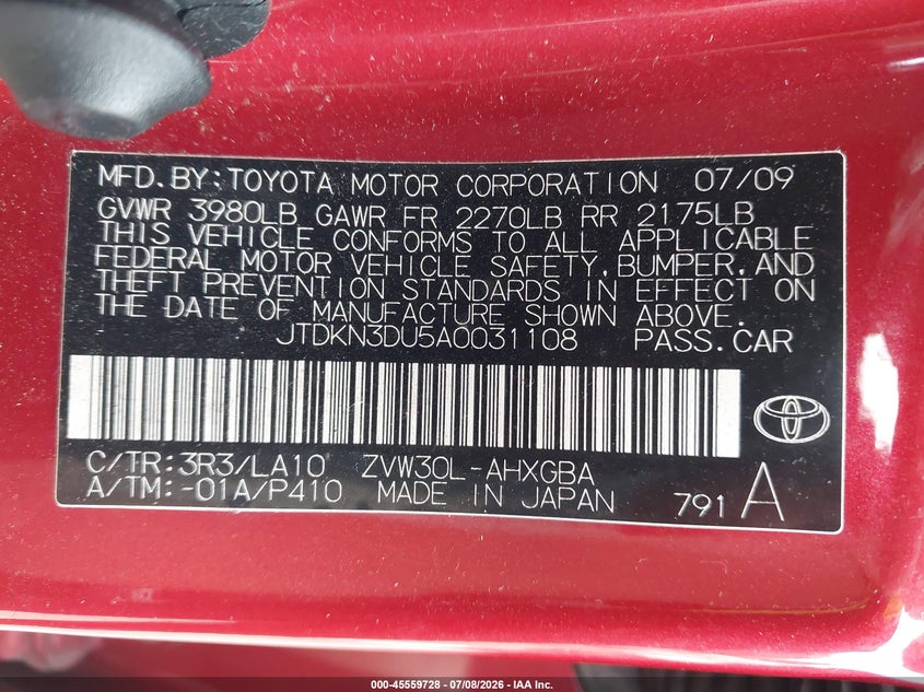 2010 Toyota Prius VIN JTDKN3DU5A0031108 IAAI salvage auction — FRONT END, Bill Of Sale (Washington), sold $1,550 on 2026-07-29 (photo 9)