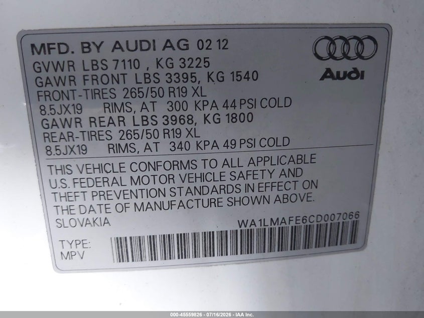 2012 Audi Q7 VIN WA1LMAFE6CD007066 IAAI salvage auction — NORMAL WEAR, Clear - Dealer Only (California), sold $250 on 2026-07-28 (photo 9)