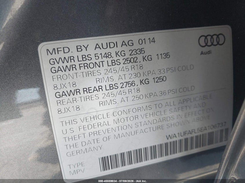 2014 Audi Allroad VIN WA1UFAFL5EA106737 IAAI salvage auction — LEFT SIDE, Salvage (California), sold $25 on 2026-07-29 (photo 9)