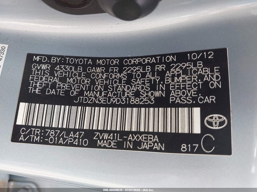 2013 Toyota Prius v VIN JTDZN3EU9D3188253 IAAI salvage auction — LEFT FRONT, Salvage (Georgia), sold $3,150 on 2026-08-02 (photo 9)