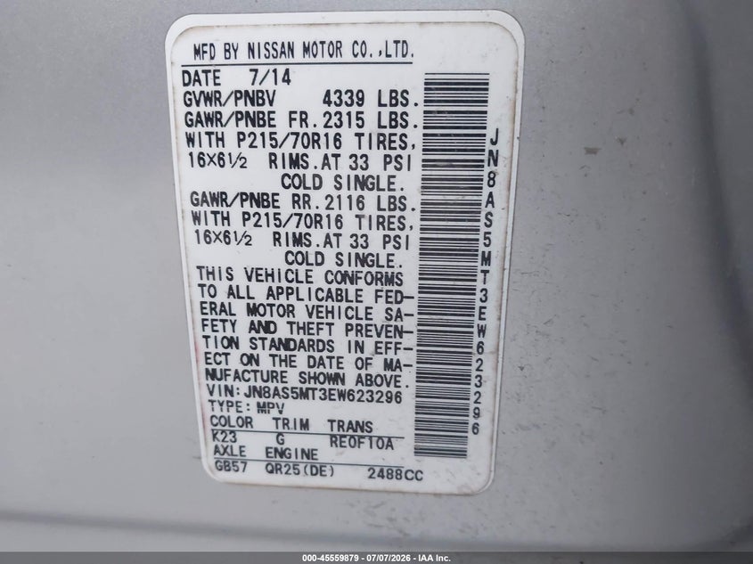 2014 Nissan Rogue VIN JN8AS5MT3EW623296 IAAI salvage auction — NORMAL WEAR, Original (Texas), sold $50 on 2026-07-29 (photo 9)